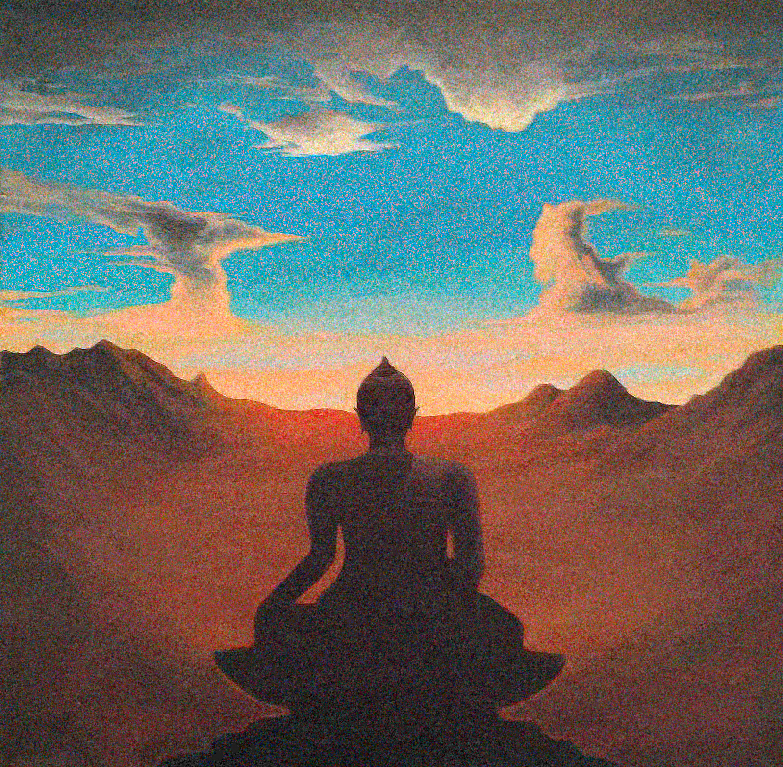 Still Horizon by TyPhaon Set, a painting featuring Buddha seated before a desert horizon, distant mountains, and an expansive blue sky