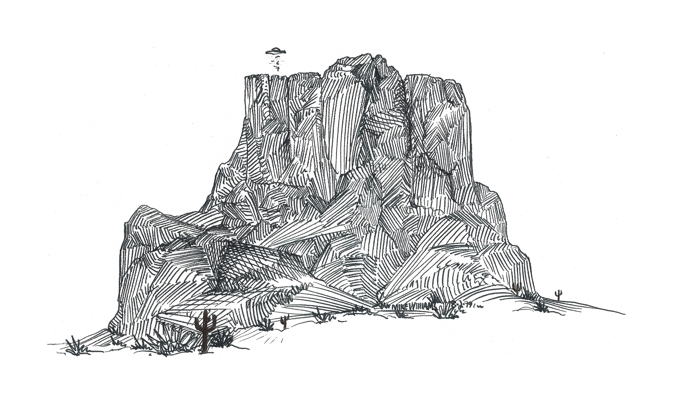 Geometric Citadel by Williams, a pen and ink drawing featuring a dense geometric desert rock formation with layered hatching, sparse desert plants, and a small hovering form above