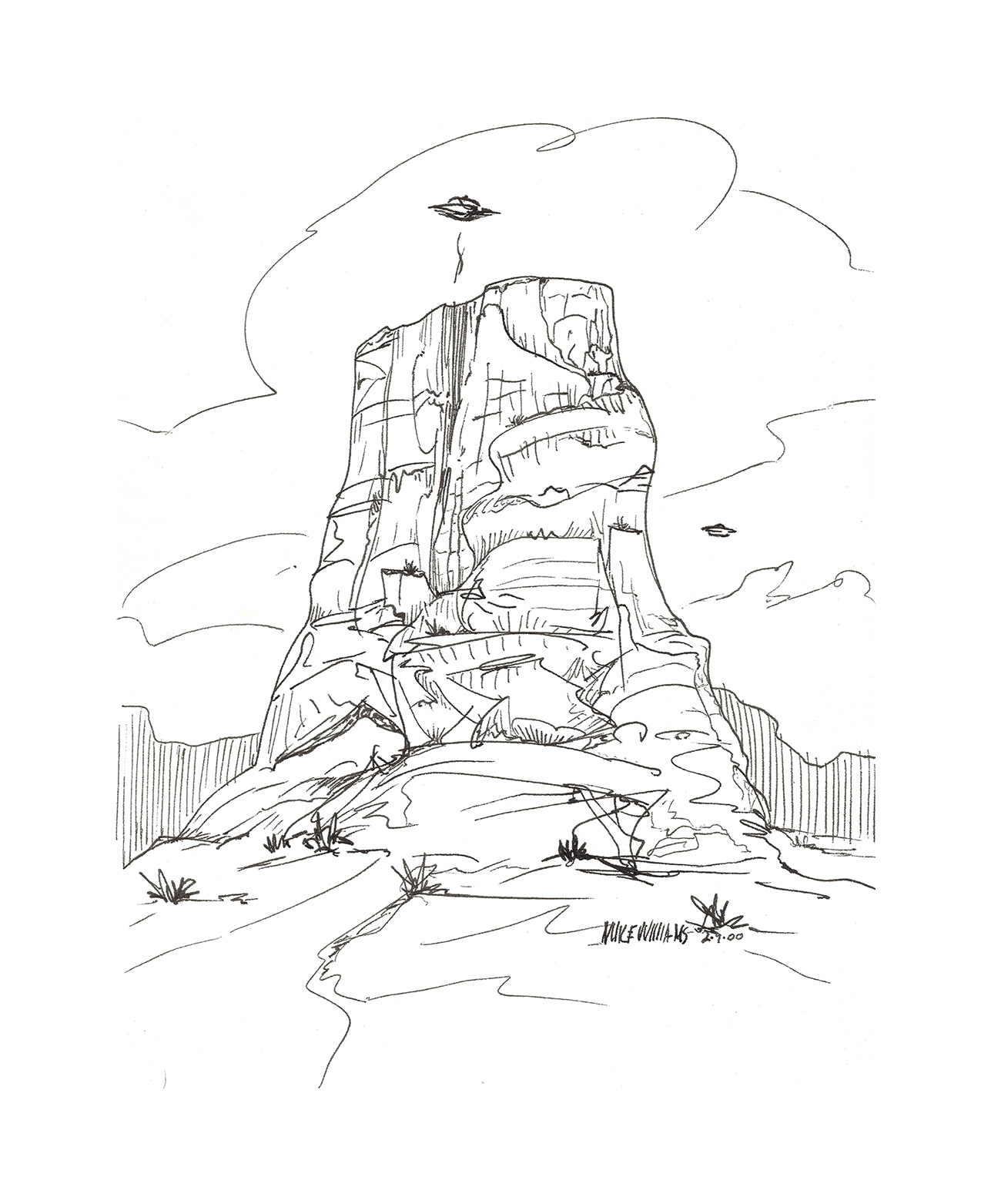 Mesa Encounter by Williams, a pen and ink drawing featuring a solitary mesa-like rock formation in an open desert landscape with small hovering forms in the sky