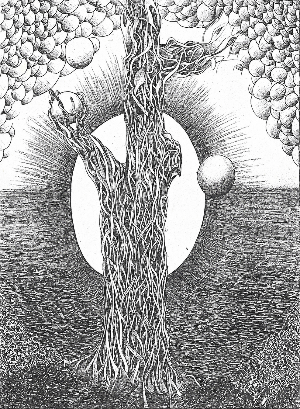 World Tree Eclipse by Highlander Willow, a detailed pen and ink artwork featuring an intricate tree-like form in front of a radiant circular eclipse with floating spheres and textured landscape